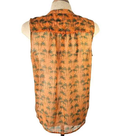 Bar III Sheer Peach Sleeveless Top Women M Btn Loop Close Green Palm Trees NEW - Picture 2 of 9